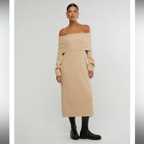 WeWoreWhat Dresses & Skirts - We Wore What Off The Shoulder Long Sleeve Knit Dress In Beige Size M